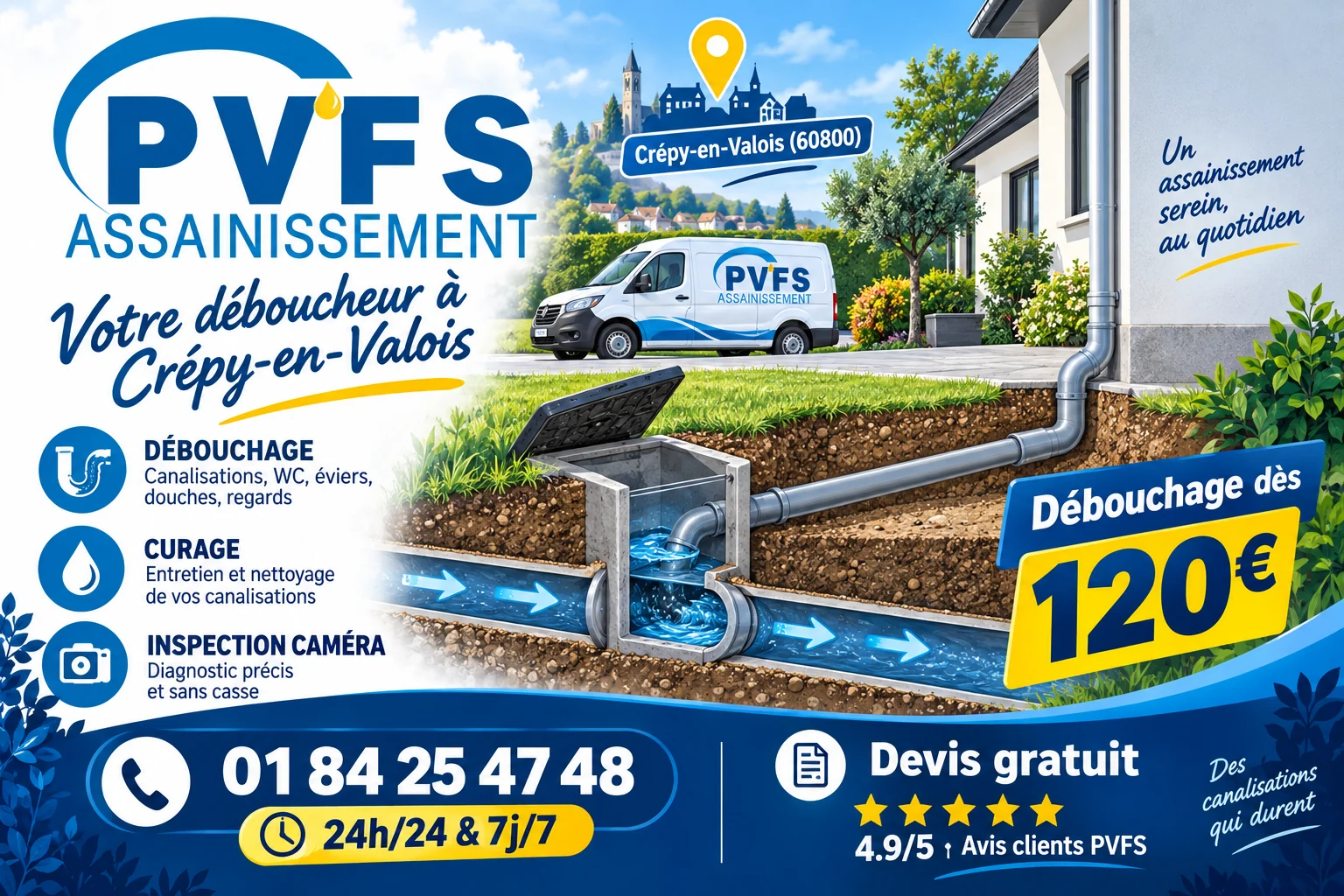 Illustration PVFS : débouchage à Crépy-en-Valois (60800), dès 120 €, disponible 24h/24